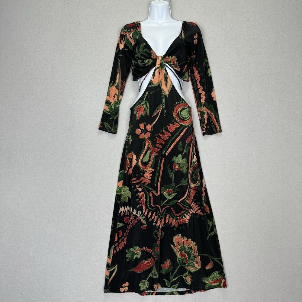 Something Navy Paisley Long Sleeve Cut Out Dress Womens XS Black Resort Vacation